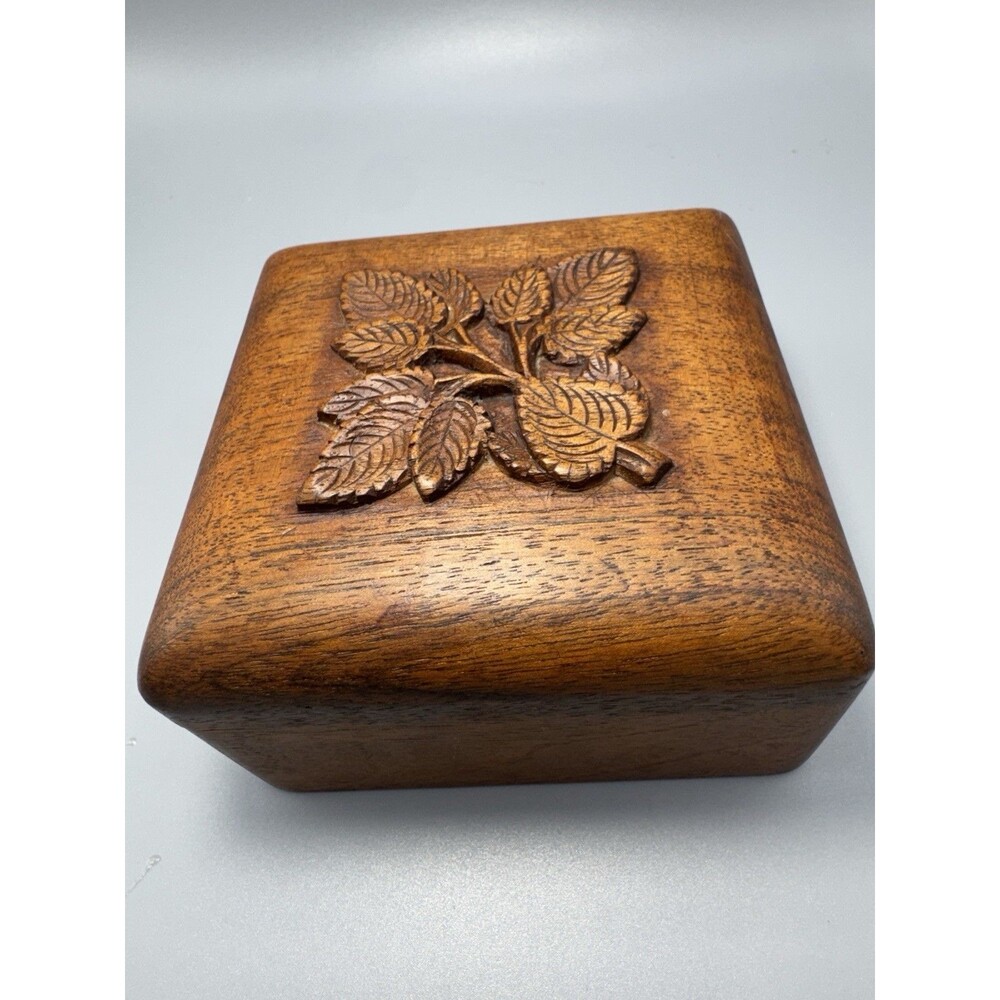 Hand Carved Leaves Wood Trinket Box 4" x 4x 2.5" High Vintage